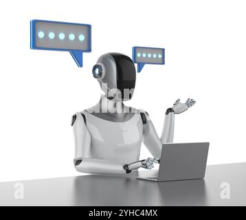 3d rendering humanoid robot or ai cyborg with speech bubble isolated on white Stock Photo