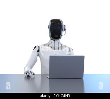 3d rendering humanoid robot or ai cyborg with laptop computer isolated on white Stock Photo