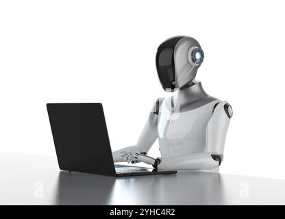 3d rendering humanoid robot or ai cyborg with laptop computer isolated on white Stock Photo