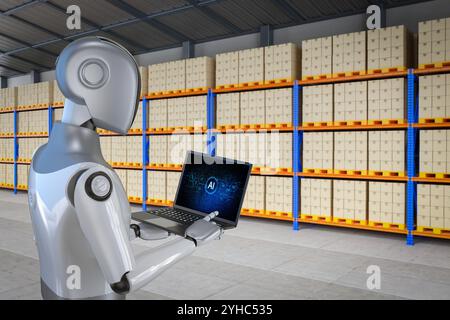 Automation warehouse concept with 3d rendering cyborg work in warehouse ...