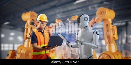 Automation industry concept with engineer control robot assembly line in factory Stock Photo