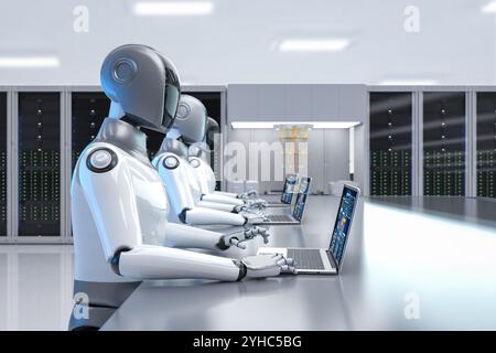 Quantum machine learning technology with 3d rendering cognitive humanoid robot drive quantum machine and algorithms Stock Photo