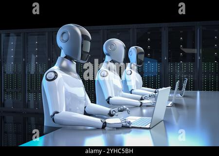 Automation server with 3d rendering humanoid robot working in server room Stock Photo