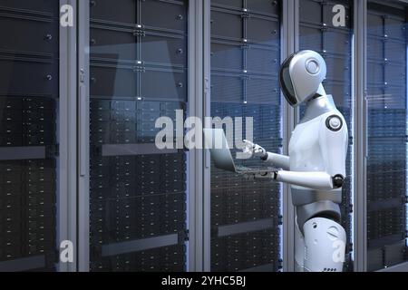 Automation server with 3d rendering humanoid robot working in server room Stock Photo