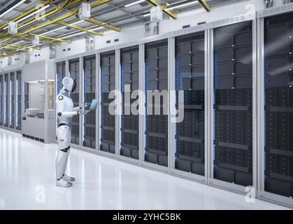 Automation server with 3d rendering humanoid robot working in server room Stock Photo