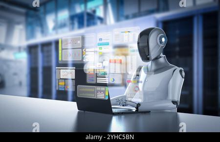 Automation server with 3d rendering humanoid robot working in server room Stock Photo