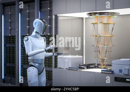 Quantum machine learning technology with 3d rendering cognitive humanoid robot drive quantum machine and algorithms Stock Photo