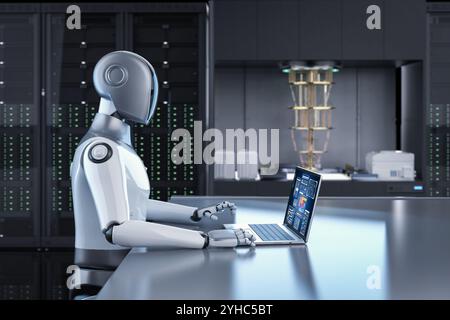 Quantum machine learning technology with 3d rendering cognitive humanoid robot drive quantum machine and algorithms Stock Photo