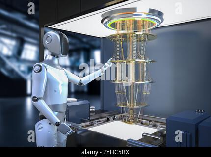 Quantum machine learning technology with 3d rendering cognitive humanoid robot drive quantum machine and algorithms Stock Photo