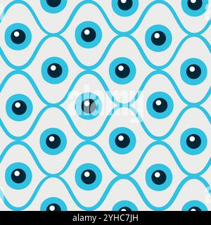 Abstract blue eyes on geometric ogee ovals seamless pattern. For wallpaper, fabric and textile Stock Vector