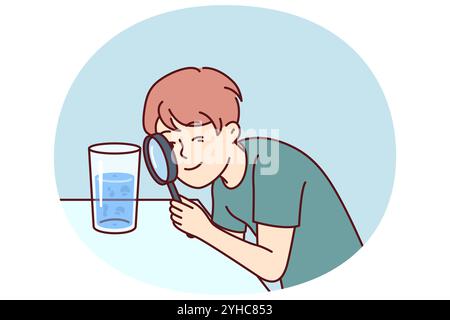 Small boy examines water in glass through magnifying glass, studying chemical composition liquid or looking for microbes. Teenage child curiously studies water, wanting to work in chemical laboratory Stock Vector