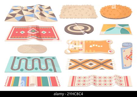 Wool carpets. Color rugs, cozy home floor textile, interior fabric elements, decorative mats, living room and nursery object, modern ornamental ethnic Stock Vector