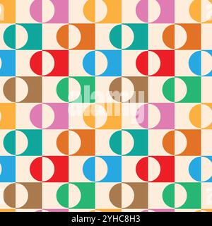 Mid Century Colorful Half Circles on Checkered squares  seamless pattern in orange, red, green, teal and blue. For home décor, wallpaper and fabric Stock Vector