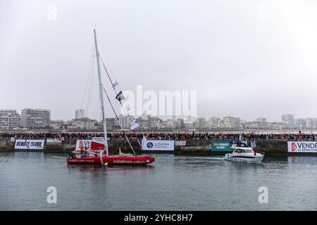 Samantha Davies boat (Initiatives Coeur) in the channel for the start of the Vendee Globe 2024 on November 10,2024. in Les Sables d'Olonne, France. Stock Photo