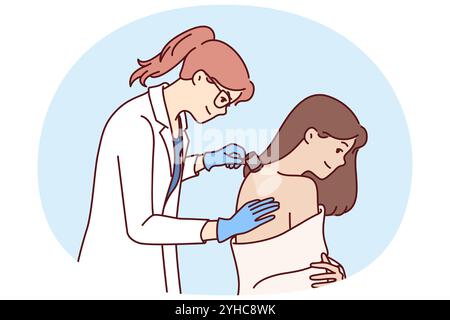 Woman dermatologist examines skin on patient back to help get rid of rash or acne. Girl in white coat works as dermatologist in private clinic and uses flashlight to give useful skincare tips Stock Vector