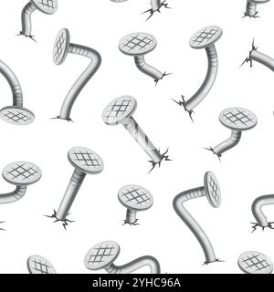 Iron curved hobnails seamless pattern. Repeated hammered bent nails, metal pins, checkered heads, steel elements. Textile, wrapping paper, wallpaper Stock Vector