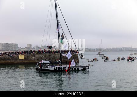 Kojiro Shiraishi boat (Bureau Vallée) in the channel for the start of the Vendee Globe 2024 on November 10,2024. in Les Sables d'Olonne, France. Stock Photo