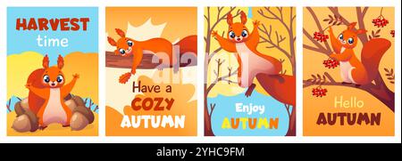 Cute red squirrels autumn cards. Funny forest animals climb trees, nuts and berries harvested and stored, cozy season mascots, childish print or Stock Vector