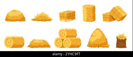 Cartoon hay bales. Agriculture haystacks, blocks, rolls and piles, yellow straw, farm haymow, livestock feed dry grass, wheat stalks, countryside Stock Vector