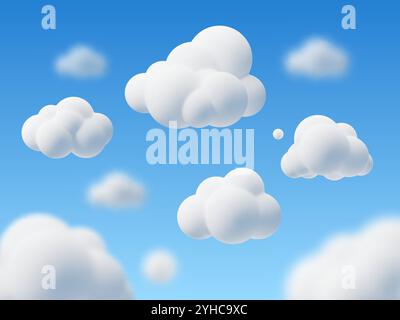 Cartoon 3d clouds on sky background. Cloudy weather, cute render rounded shapes, white fluffy summer season elements in kids clay style, backdrop Stock Vector