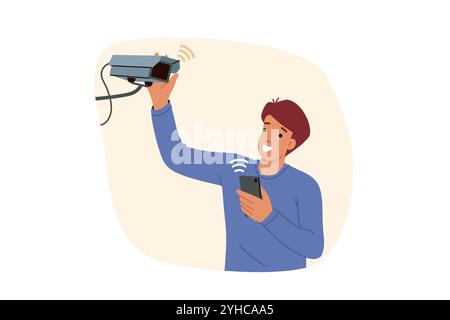 Man installs security camera on wall and uses mobile phone with wifi to monitor cctv equipment Stock Vector
