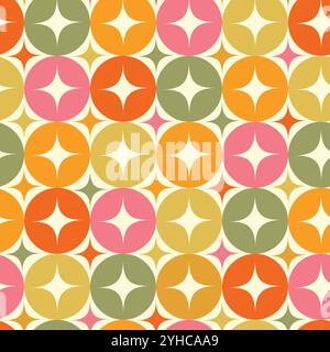 Mid century modern retro starburst on colorful circles in yellow, green, red and orange seamless pattern. For textile, home décor and fabric Stock Vector