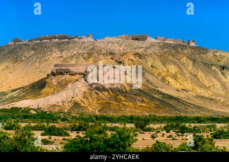 View of Ayaz-Kala, the ruins of one of the largest castles of ancient Khorezm. Uzbekistan. Ayaz Kala is located on the western side of the Sultan-Uiz- Stock Photo