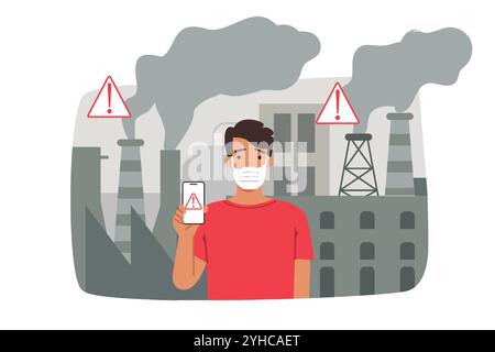 Man suffers from industrial emissions of smoke and harmful substances, standing near factory Stock Vector