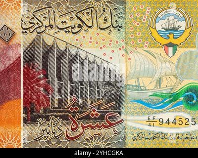 Portrait of National Assembly of Kuwait and a sambuk dhow ship from Kuwaiti 10 dinar banknote Stock Photo