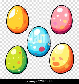 Bright and cheerful Easter egg set featuring various colors and patterns. Perfect for holiday decorations, greeting cards, and seasonal designs. High Stock Vector