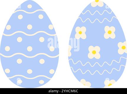 Easter Eggs in trendy soft blue Patterned Flowers, wavy lines and dots. Easter greeting element idea. Set 2 Isolated Vector Illustration Sticker, Icon, or cards, poster, banner, price, label, booklet Stock Vector