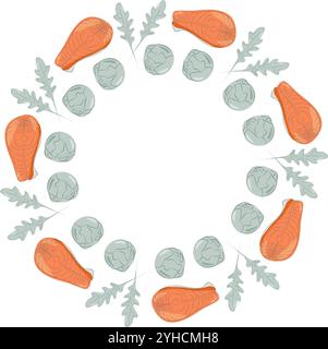 Arugula leaves and Brussels sprouts Round Frame border in grayscale ...