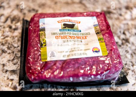Avon, USA - January 13, 2022: Grass fed beef brand sign of packaged red raw beef ground meat from Prairie Legacy brand high in protein Stock Photo