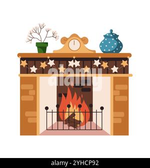 Fireplace with grate adorned with star garland and Christmas festive decor flat color vector object. Winter holiday atmosphere illustration on white b Stock Vector