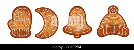 Christmas gingerbreads for holiday color vector objects set. Mitten moon bell and hat shaped cookies illustrations bundle on white background Stock Vector