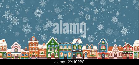 Fairytale winter town houses flat color vector illustration. Building with vibrant facades under snowfalls cartoon composition on blue background Stock Vector