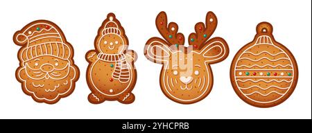 Various gingerbreads for Christmas party color vector objects set. Delicious homemade cookies illustrations bundle on white background Stock Vector