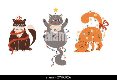 Cute cats adorned in New Year garlands flat color vector characters set. Animals in Christmas decor illustrations bundle on white background Stock Vector