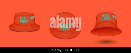 Red bucket hats mockup realistic vector illustration set. Stylish summer head accessory with design template 3d models on color background Stock Vector