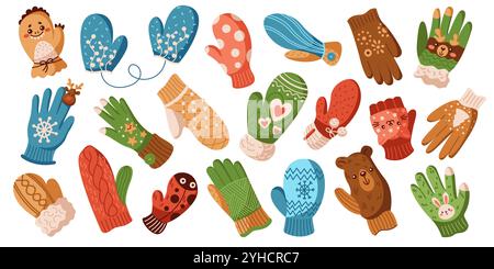 Colorful woolen mittens and gloves flat color vector objects set. Warm winter accessories with bright patterns illustrations pack on white Stock Vector