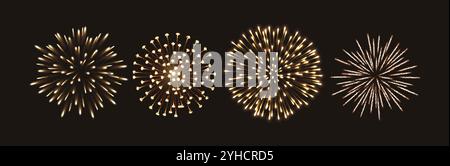 Dazzling golden fireworks bursts realistic color icons set. Dark night sky sparkling illumination display 3d objects on black background Stock Vector