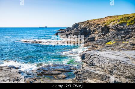 View northwest towards Trevose Head, seen from Booby's Bay, on the north coast of Cornwall, England, UK. Stock Photo