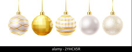Festive baubles with golden patterns realistic color icons set. Traditional Christmas spheres ornaments 3d objects illustrations on white Stock Vector