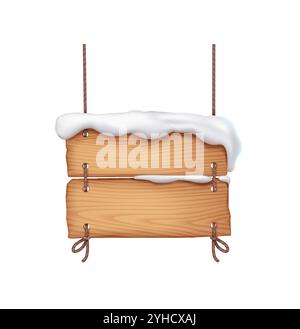 Board signpost covered with snow cap hanging on ropes realistic vector illustration. Rustic wintry backdrop for announcements 3d object on white Stock Vector