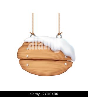 Snow covered wooden planks hanging on ropes realistic vector illustration. Rustic signpost evoking winter wonderland 3d object on white background Stock Vector