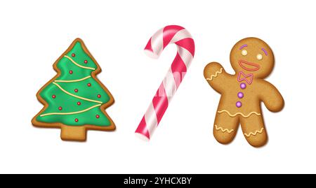 Christmas gingerbread man candy cane and fir tree realistic color icons set. New Year sweets adding touch of festive cheer 3d objects on white Stock Vector