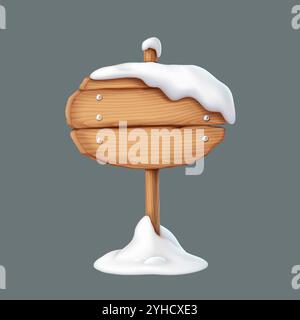 Snow covering blank wooden signpost realistic vector illustration. Christmas holiday weather conditions 3d object on grey background Stock Vector