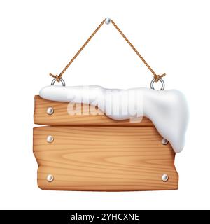 Wooden signpost with snow cap hanging on rope realistic vector illustration. Winter and Christmas season announcement 3d object on white background Stock Vector
