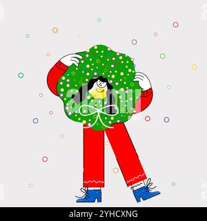 Playful female character holding colorful holiday wreath adorned with bow. Festive spirit and holiday preparation. Creative colorful illustration. Stock Vector