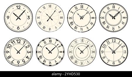 Retro round clock faces. Vintage watch design. Elegant antique dials. Timer with Roman or Arabic numerals. Decorative carved arrows. Mechanical chrono Stock Vector